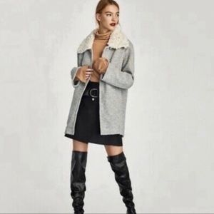 Zara Gray Jacket Coat Shearling Collar Size Medium
